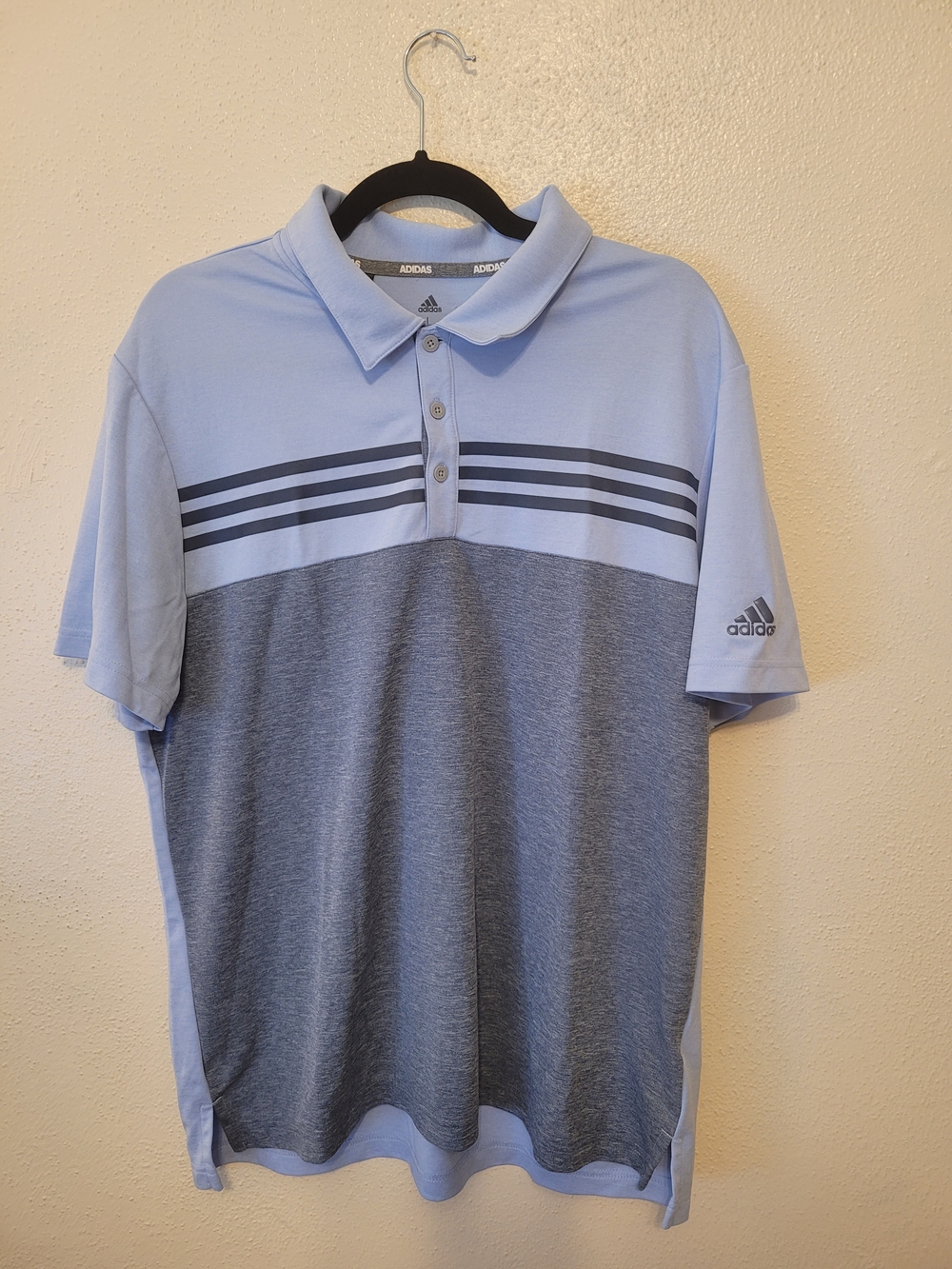 Adidas Golf A508 Heathered Colorblock 3-Stripes Polo Mens L Blue Gray